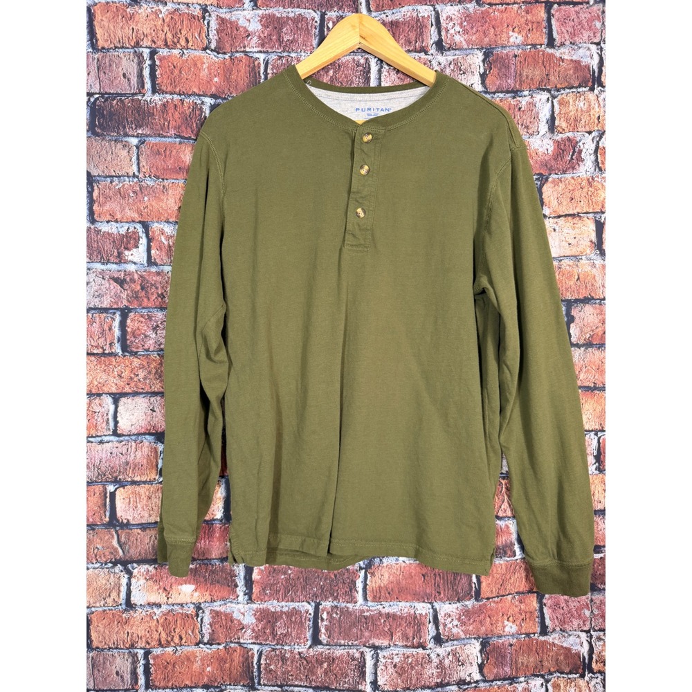 Puritan Mens Olive Green Long Sleeve Henley Shirt 100% Cotton Size M 38-40
